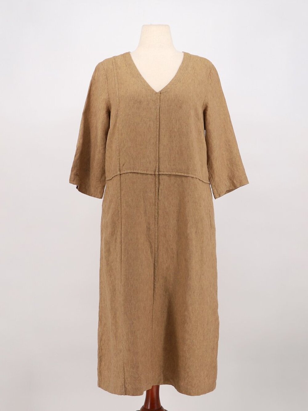 POETRY Linen V-Neck 3/4 Sleeve Midi Dress in Tan Brown Size 10
